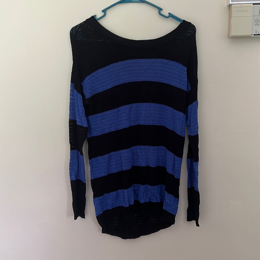 Long black and blue striped sweater